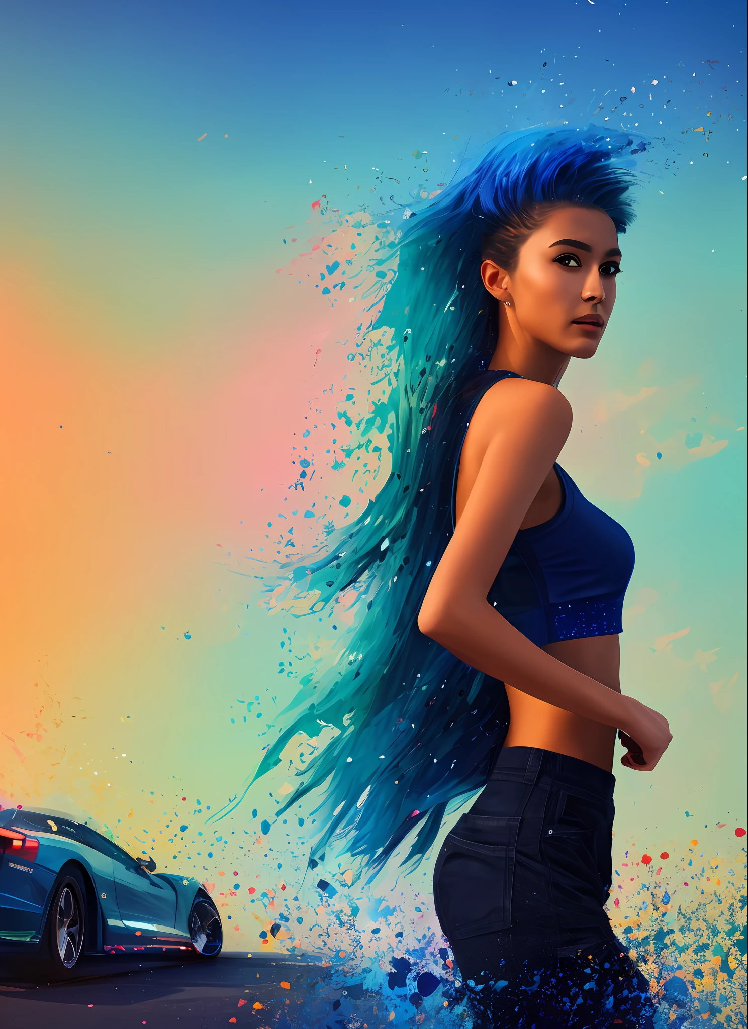 award winning half body portrait of a woman in a croptop and cargo pants with ombre navy blue teal hairstyle with head in motion and hair flying, paint splashes, splatter, outrun, vaporware, shaded flat illustration, digital art, trending on artstation, highly detailed, fine detail, intricate