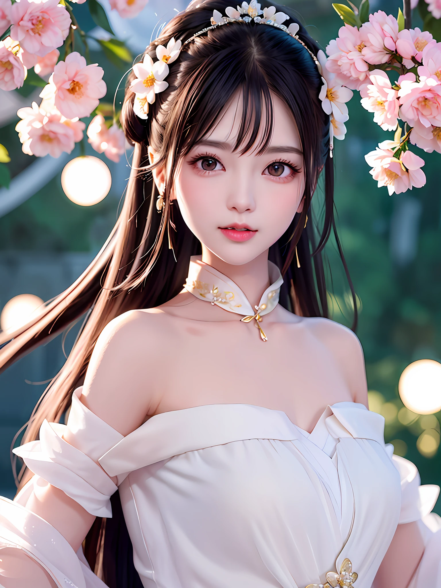 A gentle and lovely Chinese beautiful woman, delicate sexy collarbone, charming goose egg face, double eyelids, smart peach blossom eyes, pink lips, small upturned nose, bare shoulders, focused face, face close-up, ultra HD, super detail, full body photo, ultra-thin light transmission optimal ratio four fingers and one thumb, rabbit ears