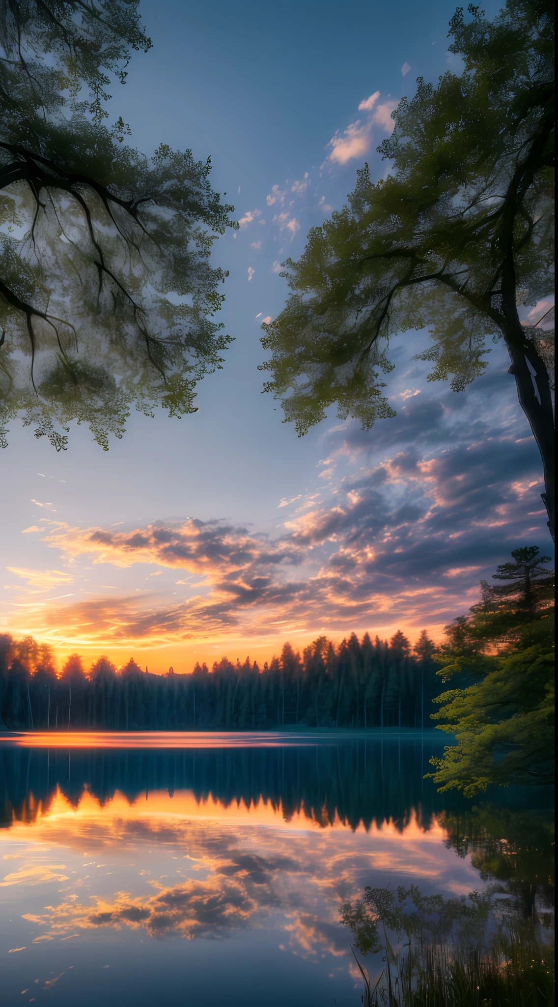 Wallpaper, summer, lake, dawn, forest, clouds, dawn background, depth of field, HD detail, hyperdetail, cinematic, soft light, deep field focus bokeh, ray tracing, diffuse (ultra-fine glass reflection) and realism. --v6