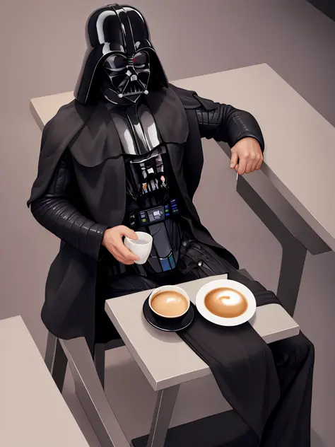 Darth Vader sitting down drinking coffee in his pajamas