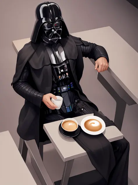 darth vader sitting down drinking coffee in his pajamas