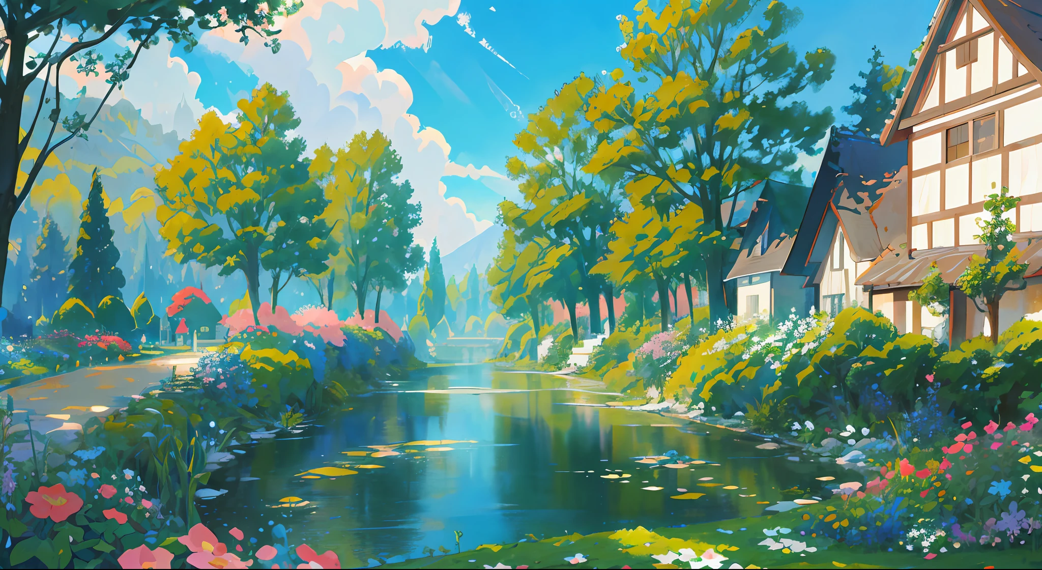 Masterpiece, best quality, official art, extremely detailed CG unity 8k wallpaper, outdoors, animals, spring \(seasons\), cloudy sky, studio ghibli, garden, village,