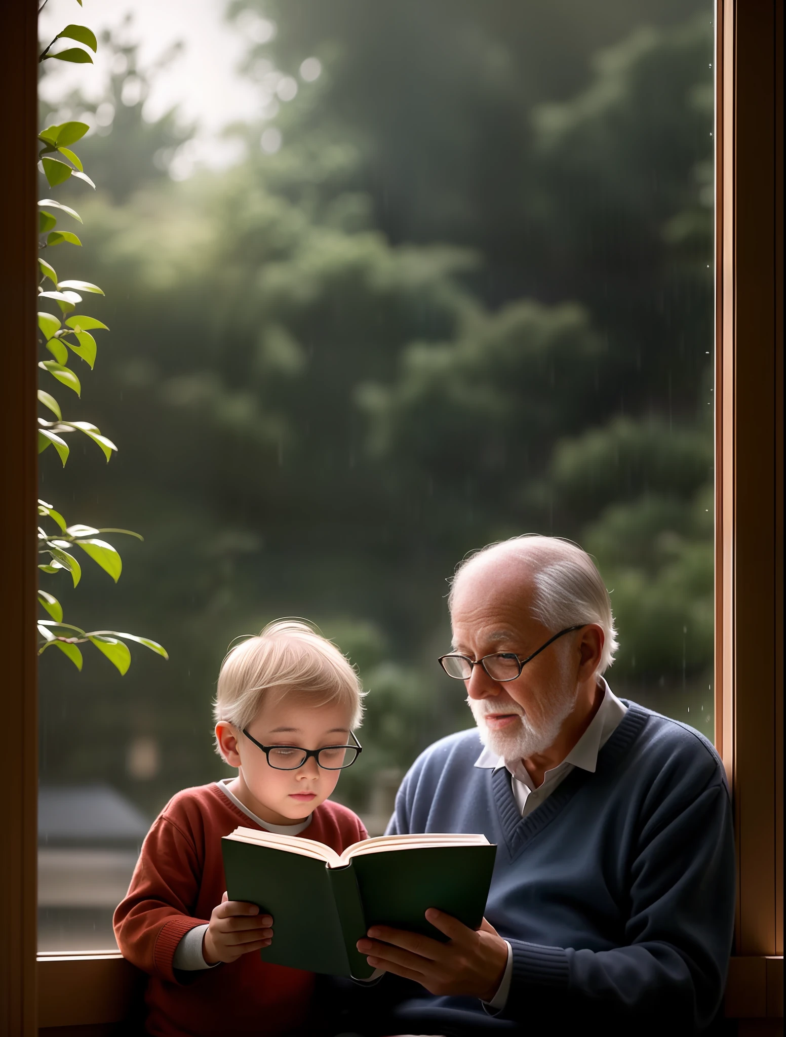 just an old man reading a book to ( A CHILD), through the window you can see rain, twilight light, warm atmosphere, cultured atmosphere, (masterpiece) (perfect proportion) (photo realistic) (best quality) (detailed) (8k) (HDR) (wallpaper) (cinematic lighting) (sharp focus) (intricate)