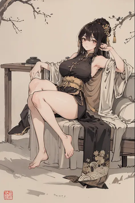 (masterpiece, best quality: 1.2), traditional Chinese ink painting, black hair, brown eyes, huge breasts: 1.5, holding breasts: 1.4, Oversized dress :1.5, Couch, Ultra-detailed face, Detailed eyes, Double eyelid, sfw  ,emphasizing slender abs :1.3,