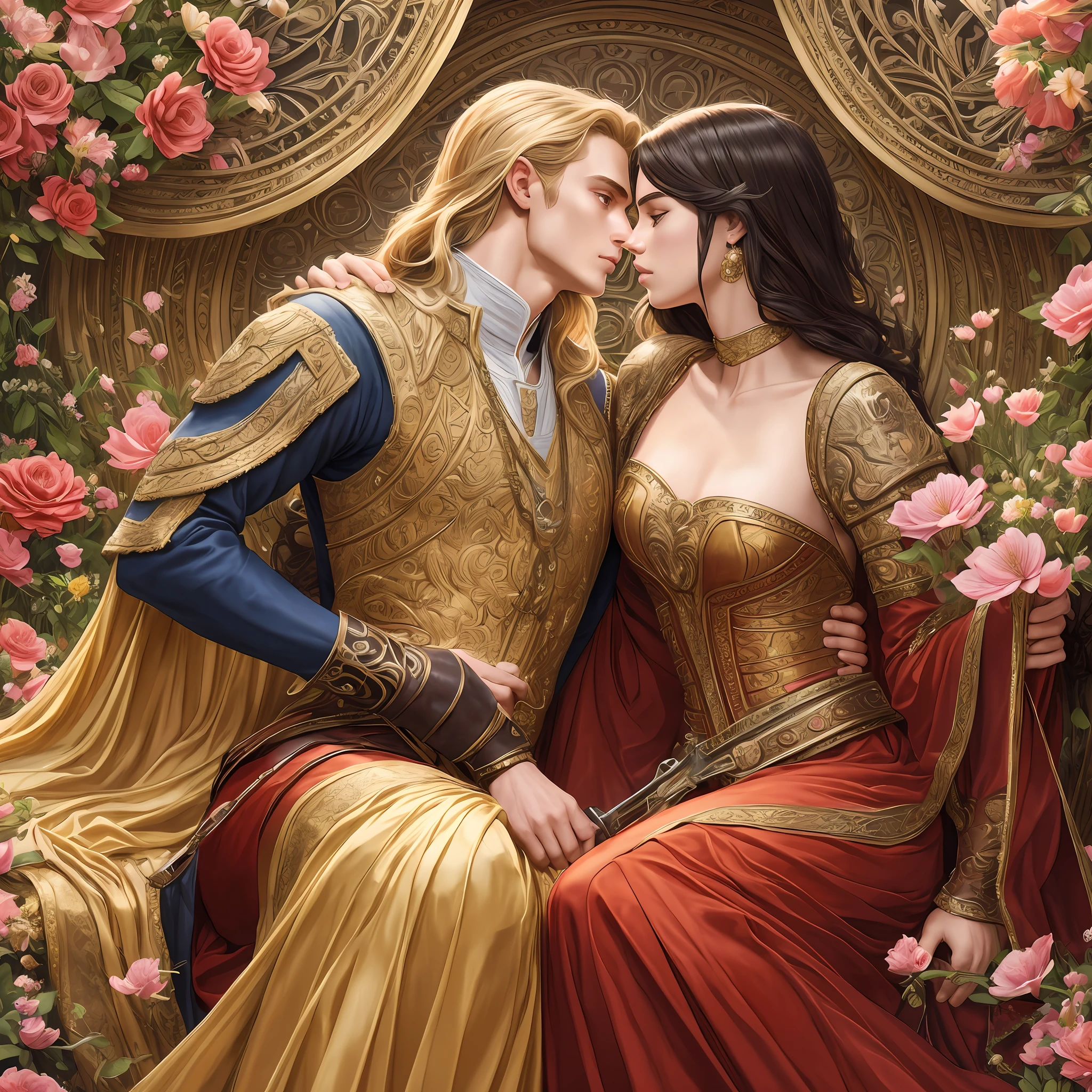 Neels Visser is a prince who has golden blonde hair, wears a medieval military outfit and is in love with commoner Lily Collins, who has curly ebony black hair and wears a simple red dress, the two kiss very affectionately, illustration of a romance book cover with a detailed, soft and bright background full of flowers,  modelshoot style, (extremely detailed CG 8k wallpaper), full body photo of the most beautiful artwork in the world, professional majestic oil painting, art by Greg Hildebrandt, Citemer Liu, Stjepan Sejic, Samyang, Aykut Aydogdu, Justin Gerard, Alphonse Mucha, Artgerm, WLOP and Greg Rutkowski