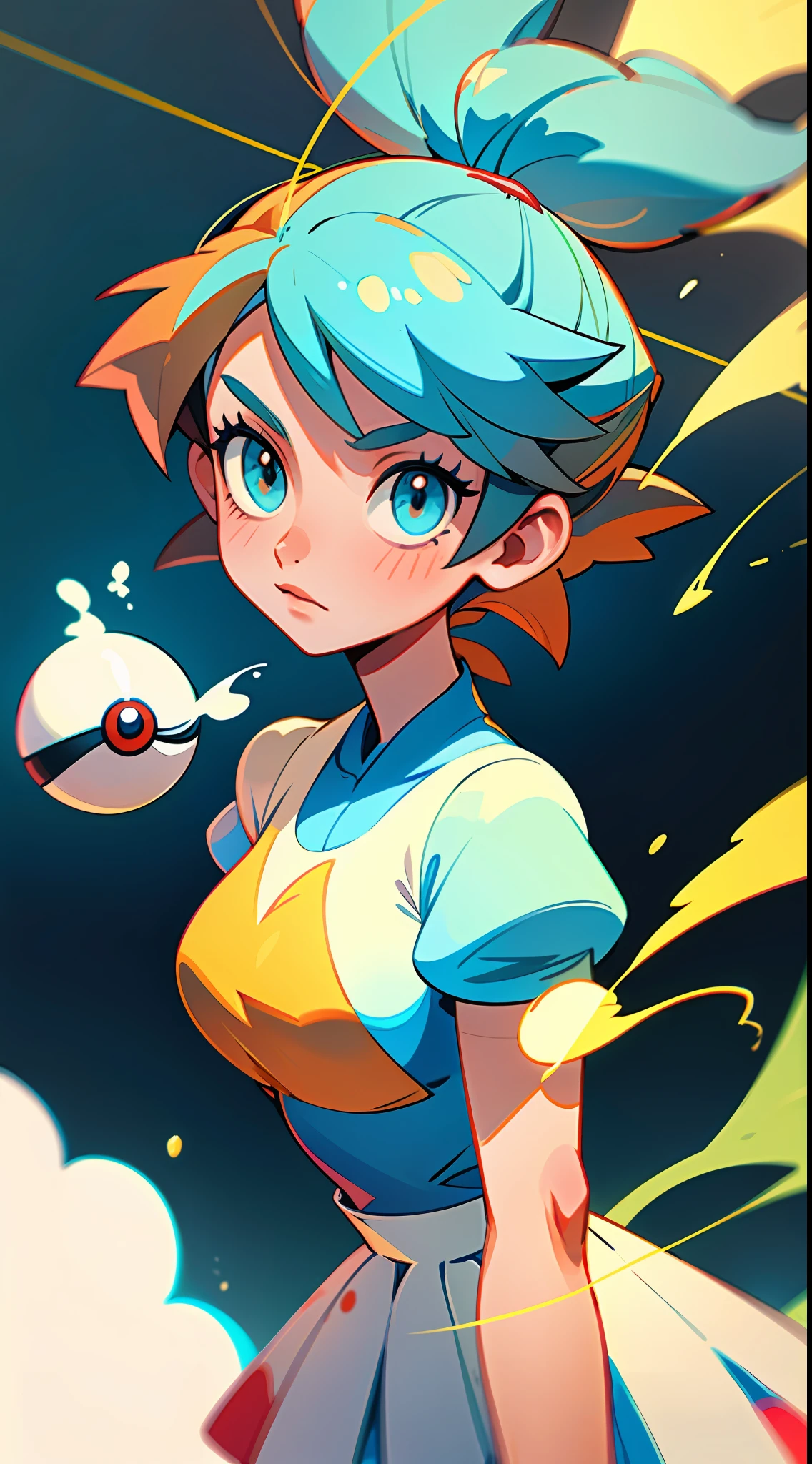 (melhor qualidade, Obra de arte), 1 garota, Misty de Pokémon, Pokébola, Fog, (desenho animado: 1.5), corda, peituda