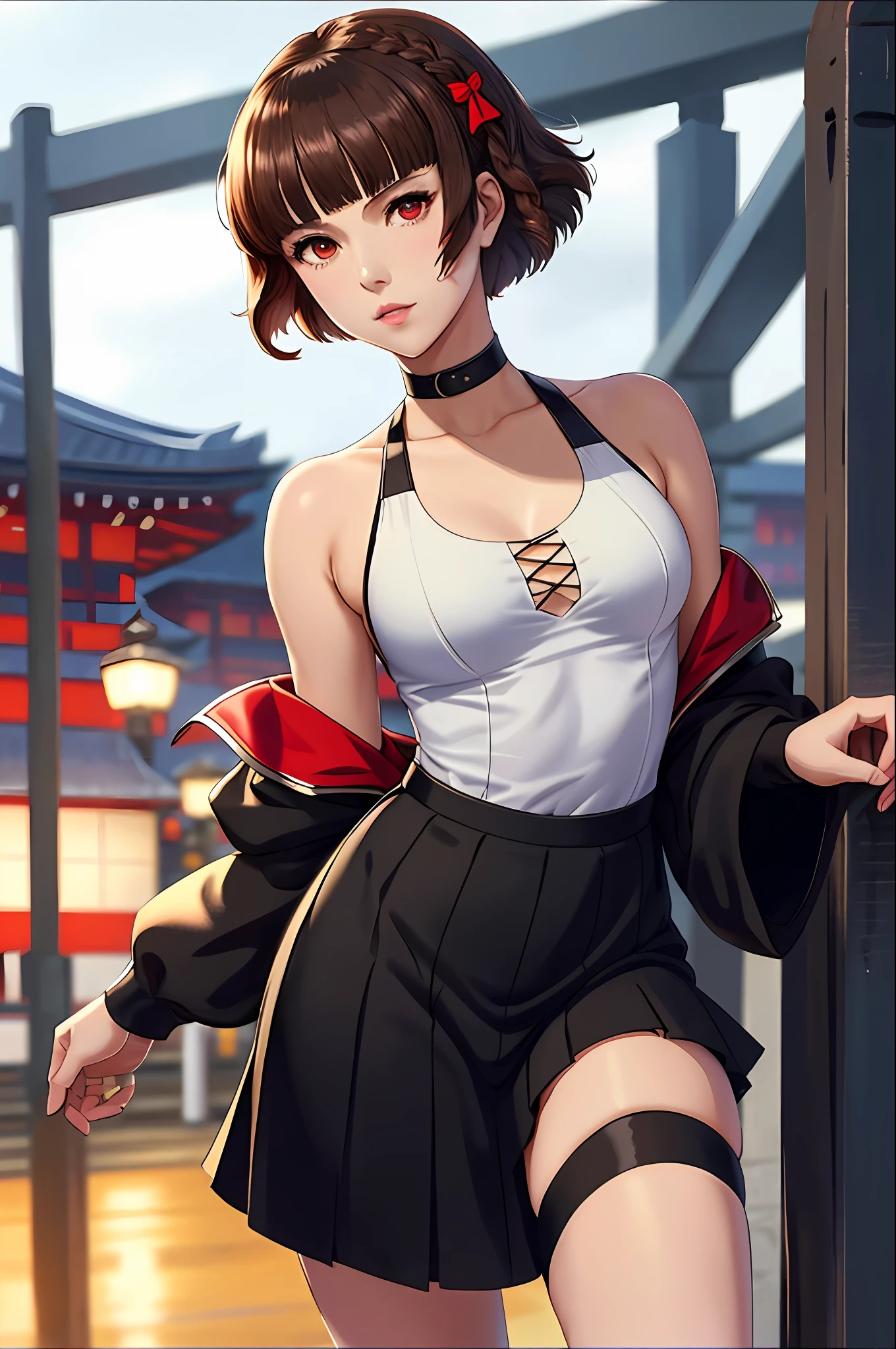 Solo, Makoto_Niijima (da persona 5, 1female, white skin, Japanese, red eyes, short brown hair, braid like a hairbow on top of hair, small boobs) running in the docks at night, sexy one-piece high school uniform. (finely detailed), anime, best shadows, depth of field, (masterpiece), (best quality), 4K, high detail, anatomically correct