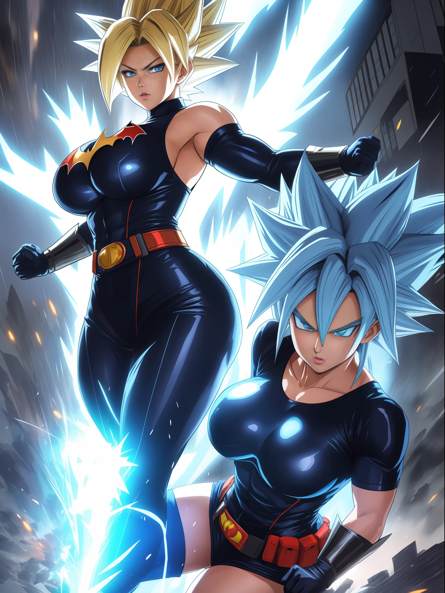 Two anime characters in black and blue outfits with a lightning effect -  SeaArt AI