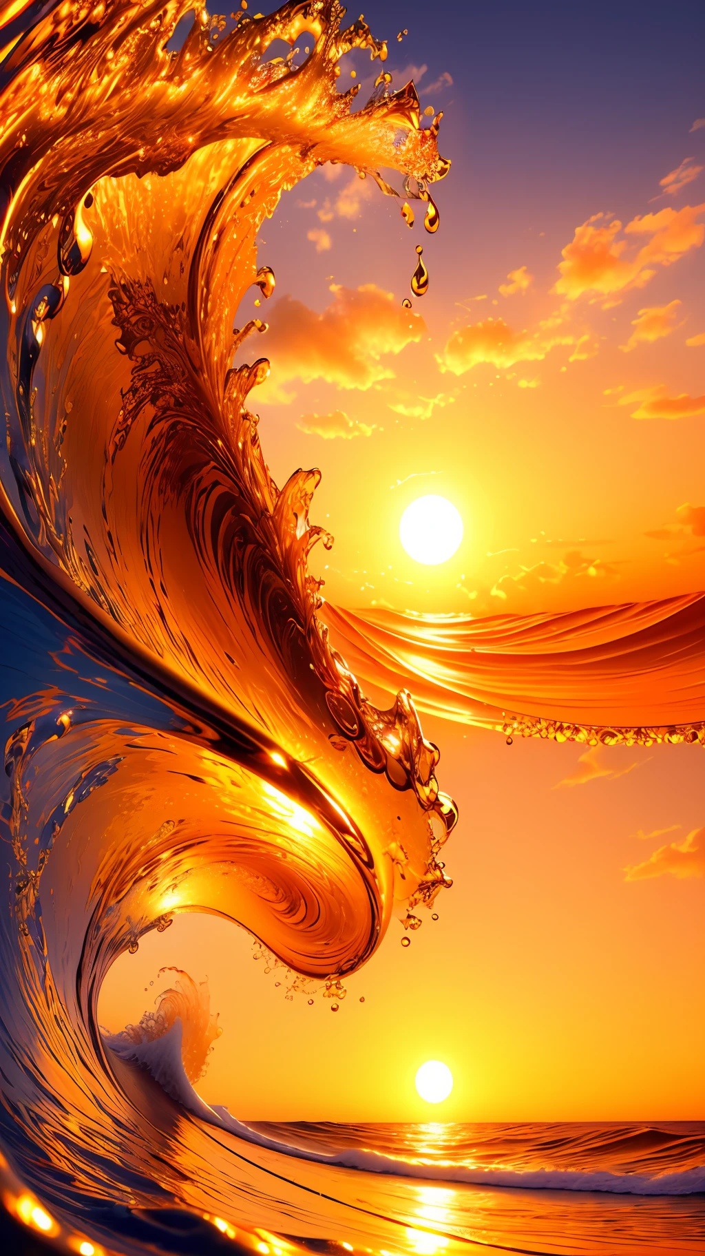 Masterpiece, best quality, (8k very detailed CG unit wallpaper) (best quality), (best illustration), (best shadows) a golden sea wave, bright orange aol sunset through the wave, golden droplets flying, (:1.6)