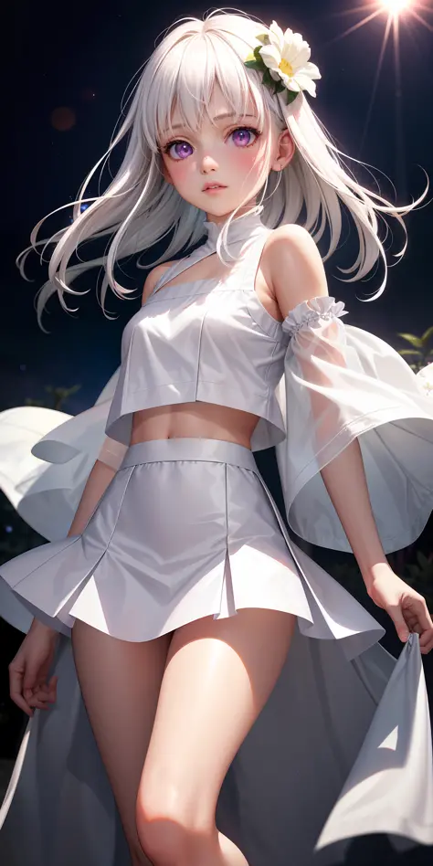 Realistic, 1girl, white hair, purple eyes, glowing eyes, cropped top, skirt, parted lips, blush, night, flowers, sun, sunlight, white skirt, short skirt, medium length hair, real, warm colors, white short Dress, white clothes, light background color, day e...