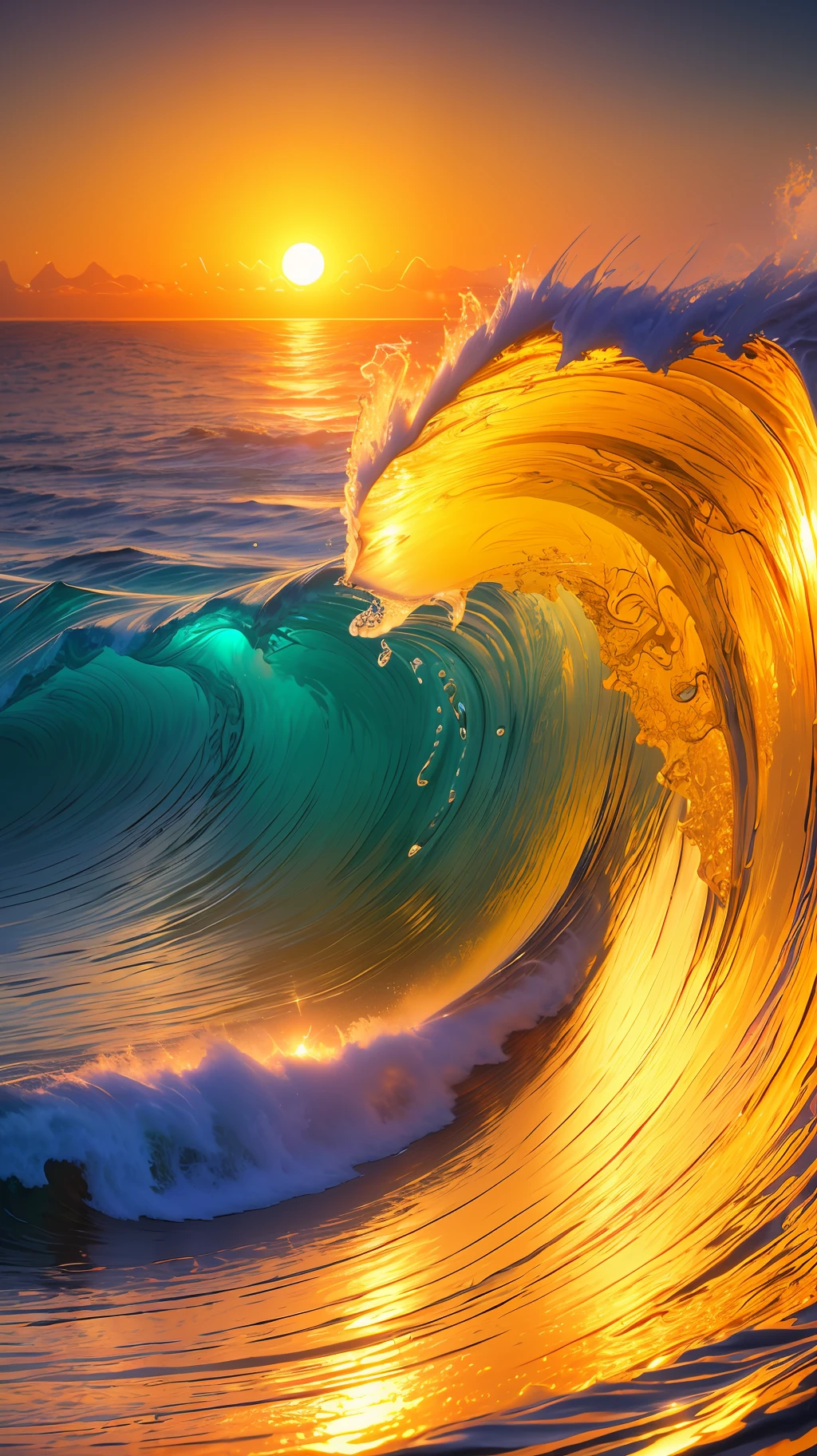 Masterpiece, best quality, (8k very detailed CG unit wallpaper) (best quality), (best illustration), (best shadows) a golden sea wave, bright orange aol sunset through the wave, golden droplets flying, (:1.6)