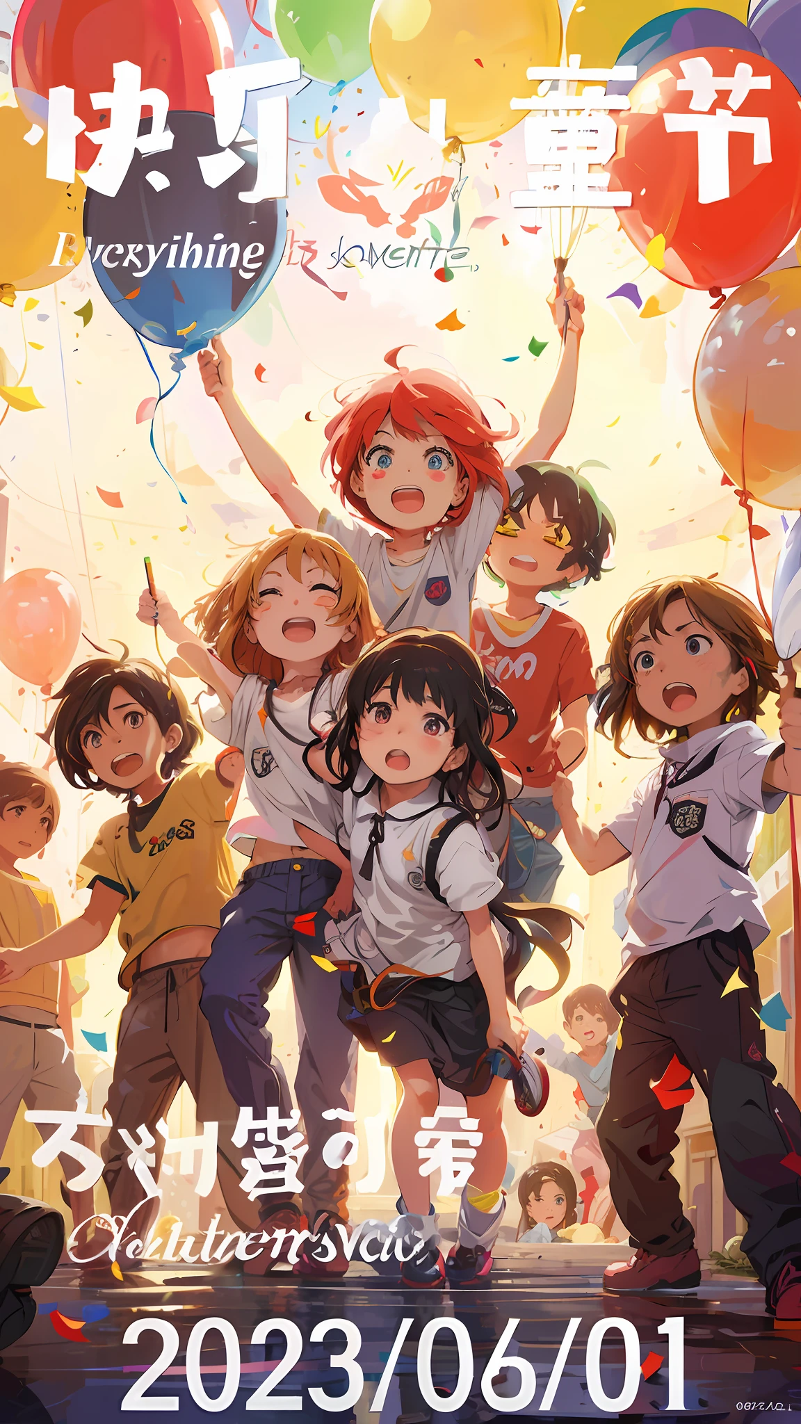 Cartaz de anime com balões e confetes de um grupo de crianças, capa de anime, arte oficial do anime, arte oficial, arte oficial dos fãs, Guvez na estação de arte pixiv, Planejado, high detail arte oficial, estilo de arte fofo, ilustração digital de anime, arte em estilo guvitz, conceito visual chave de anime, guvitz na estação de arte, (extremamente delicado e lindo), (Descrição bonita e detalhada dos olhos), Super detalhado, Obra de arte, }},