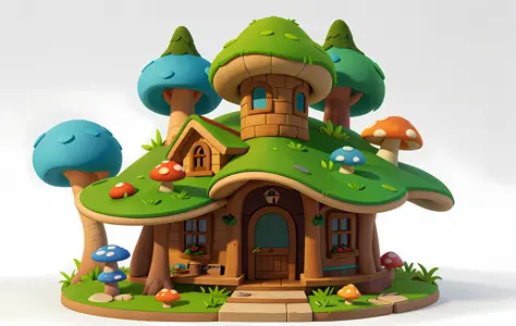 Cartoon style, polygon, game building design, fantasy, beautiful house, mushroom shaped building, forest element, white background, casual game style, creative, best detail, 3d, blender, masterpiece, best quality, cartoon rendering, 8K
