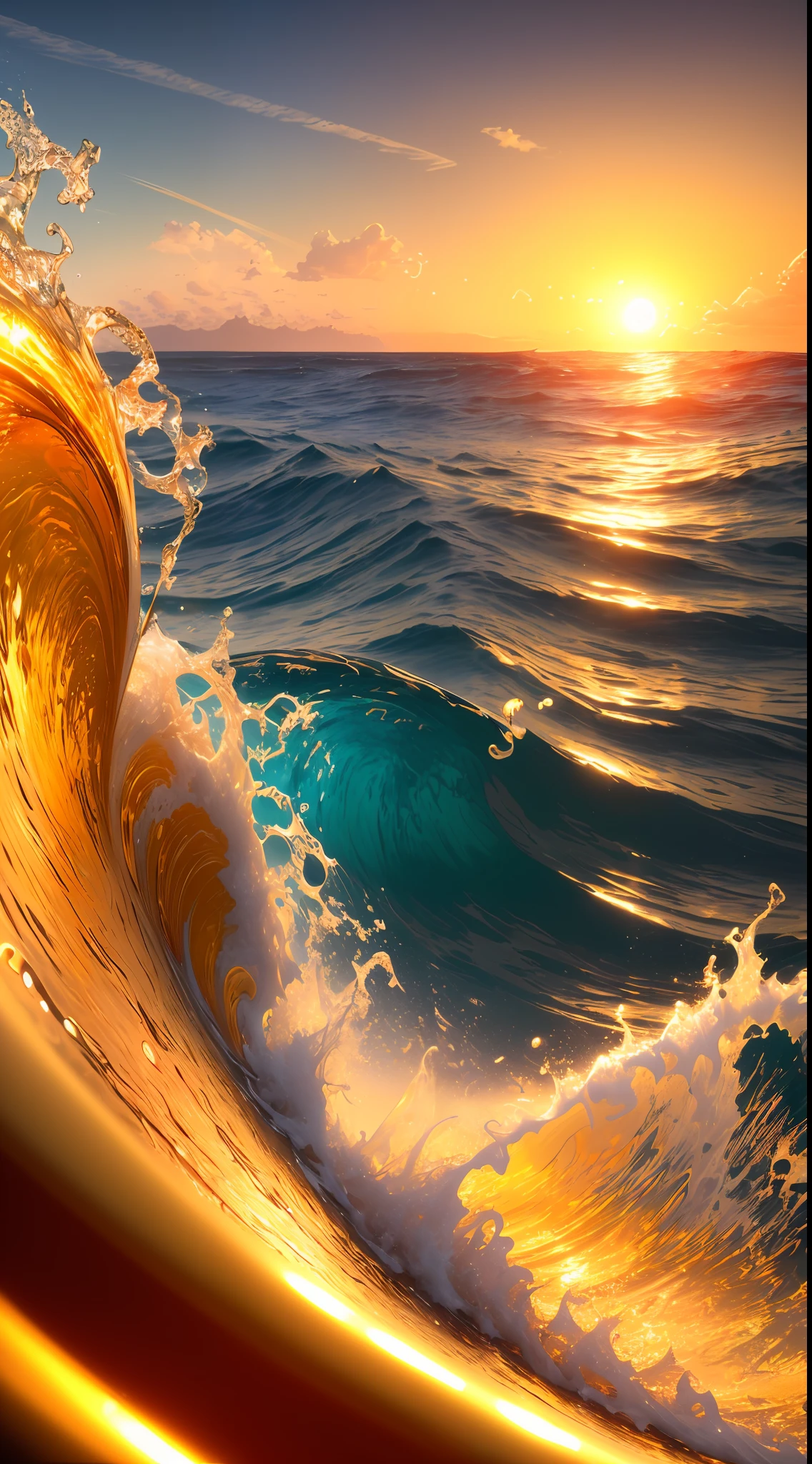 Masterpiece, best quality, (8k very detailed CG unit wallpaper) (best quality), (best illustration), (best shading) a golden sea wave, bright orange aol sunset through the wave, golden water drops flying, (:1. 6), black hair, black eyes, big, indoor swimming pool, class, naked, long hair, two-dimensional, in the water