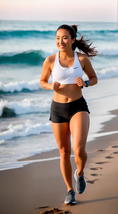 lara croft running on the beach, wearing black running leggings and sports  bra, no cleavage, small , tiny breasts - SeaArt AI