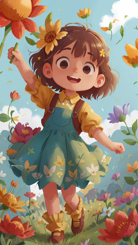 A girl holding flowers, colorful balloons floating in the sky, meadow, dancing, holding flowers, happy, happy, perfect quality, clear focus (clutter-home: 0.8), (masterpiece: 1.2) (Realistic: 1.2) (Bokeh) (Best quality) (Detailed skin: 1.3) (Intricate details) (8K) (Detail Eyes) (Sharp Focus), (Happy)