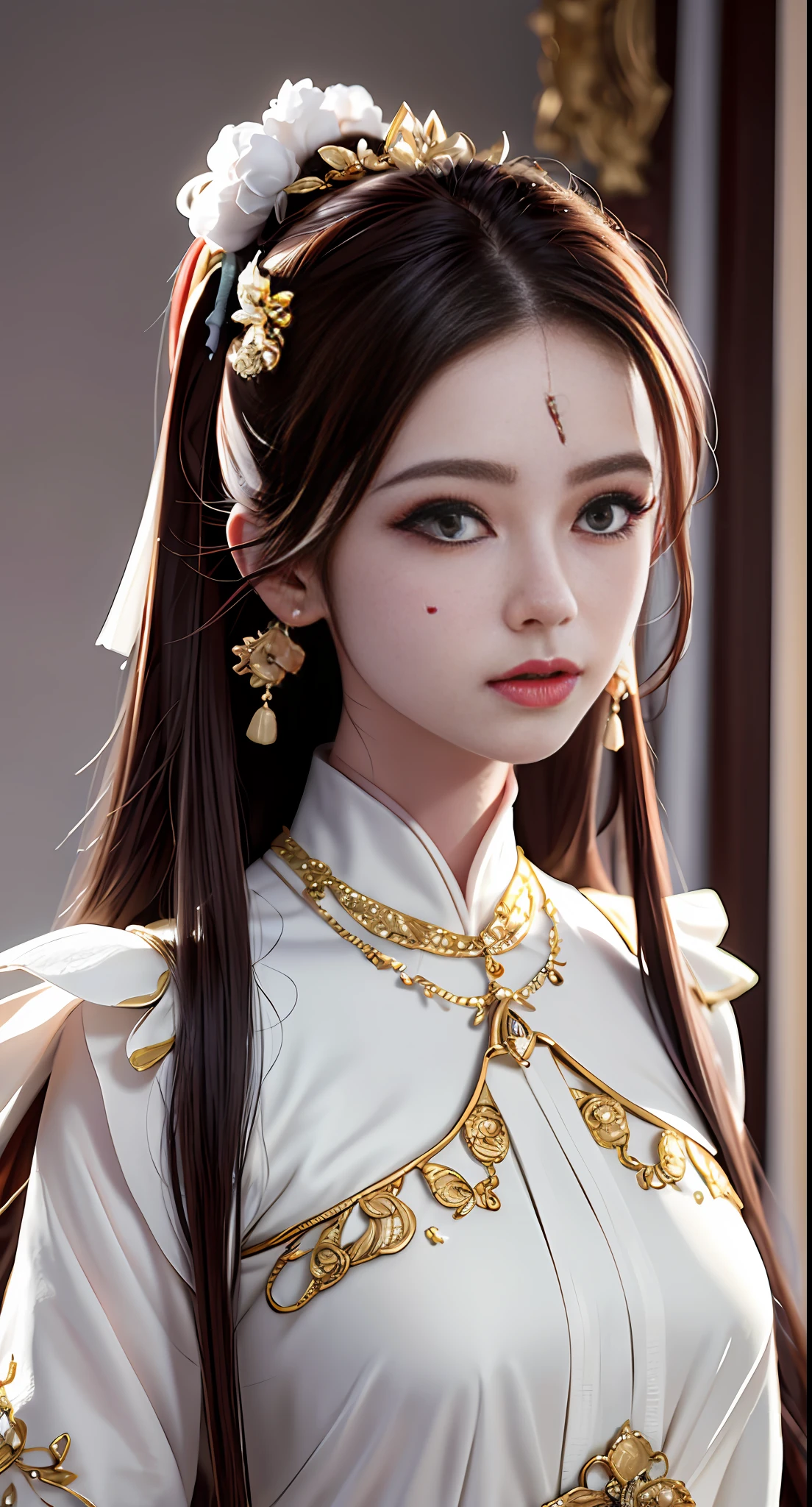 (Best Quality, Masterpiece: 1.2), Ultra High Resolution, Realistic, Front Lighting, Intricate Detailing, Delicate Details and Textures, 1Girl, Solo, (Young), Facial Highlighter, Upper Body, Detail Face, Tear Mole, Clear Freckles, White Skin, Brown-Blonde Hair, High Ponytail, Looking at the Audience, Big Eyes, Gorgeous Hanfu, (Intricate Pattern, Gold and Red, Pure Cotton), Earrings, Necklace, Small Breasts, Slim Figure, Luxury Palace, Professional Lighting, Photon Mapping, Light Energy Transfer, Physically Based Rendering,