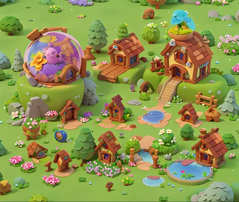game architectural design, cartoon, town, fantasy design, wooden fence, stone, brick, meadow, flowers, casual play style, 3d, blender, masterpiece, best quality, 8k high resolution, well, flower house, tree house, glass dome