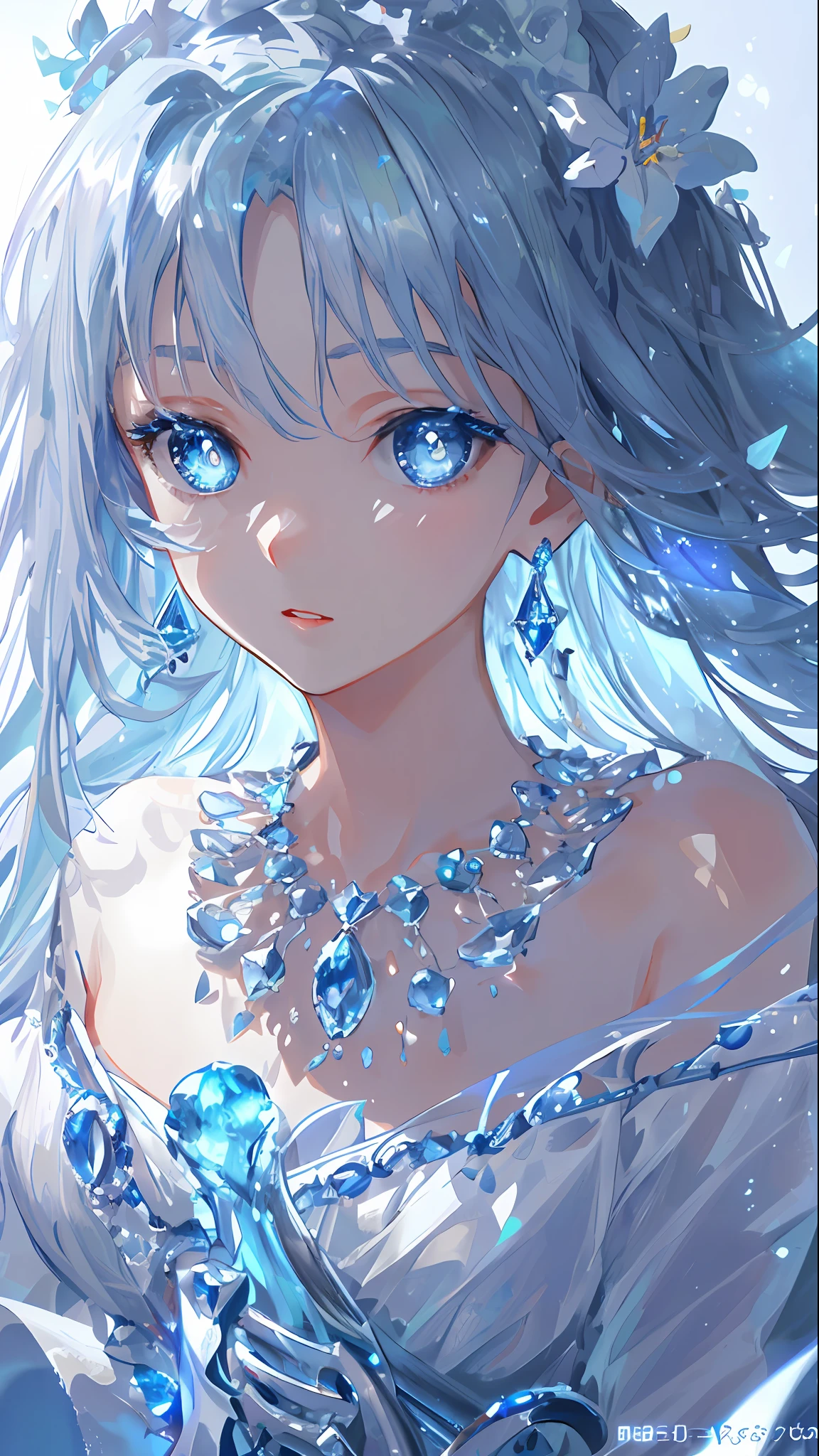 masterpiece, best quality, illustration, sax blue, platinum earrings, platinum necklace, white dress, 1girl, cute, (dynamic lighting:1.2), cinematic lighting, delicate facial features, detailed eyes, sharp pupils, realistic pupils, depth of field, bokeh, sharp focus, (hyper-detailed, bloom, glow:1.4), many small gems