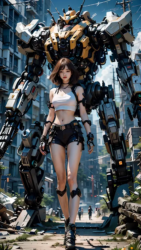 ((masterpiece, best quality)),illustration,ultra detailed 8k,photorealistic,sharp focus,highly detailed,professional lighting,colorful details,iridescent colors BREAK extreme long shot of a factory,large mechanical robot construction,microchip,computer,glowing,intricate details,shitu-mecha,1girl is standing in front of the audience,Navel