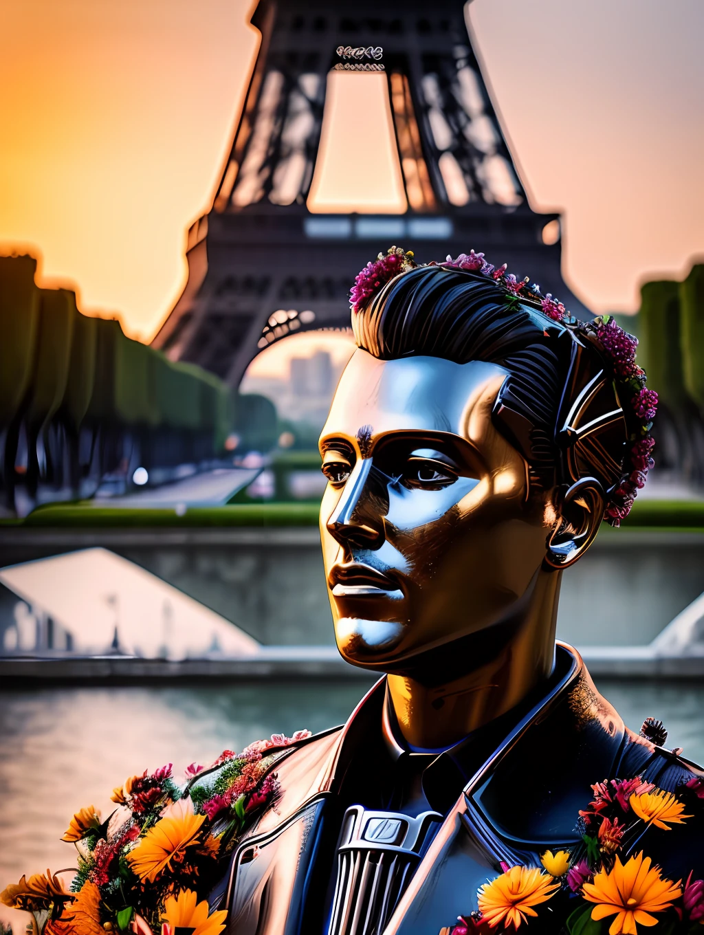 An insanely detailed photorealistic digital art piece portrait of a retro robot holding a bouquet of flowers in front of the Eiffel Tower, photography, realistic, cinematic lighting, sunset, romantic, melancholy, looking at the camera, ultrarealistic.