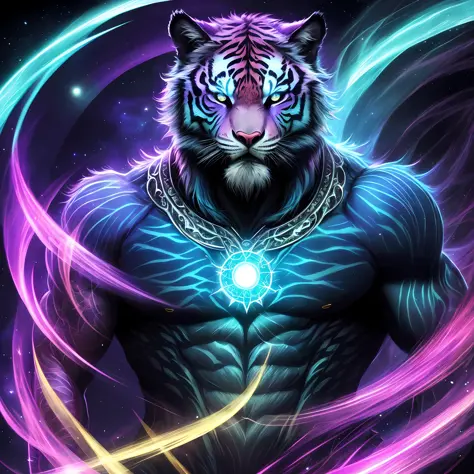 knollingcase, a solo full body were-tiger/man[buff, muscular, (pink and teal striped)], (((vibrant, photo realistic, realistic, dramatic, sharp focus, 8k))). In the vibrant glow of the cosmos, a young furry with an ethereal and devilish demeanor emerges, h...