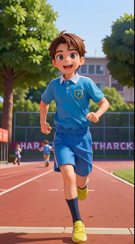 A boy (in the picture ratio 1:2), school uniform, school playground, running track, crossing the finish line, victory, joy, joy, perfect quality, clear focus, (Masterpiece: 1.2) (Realistic: 1.2) (Bokeh) (Best quality) (Detailed skin: 1.3) (Intricate detail...
