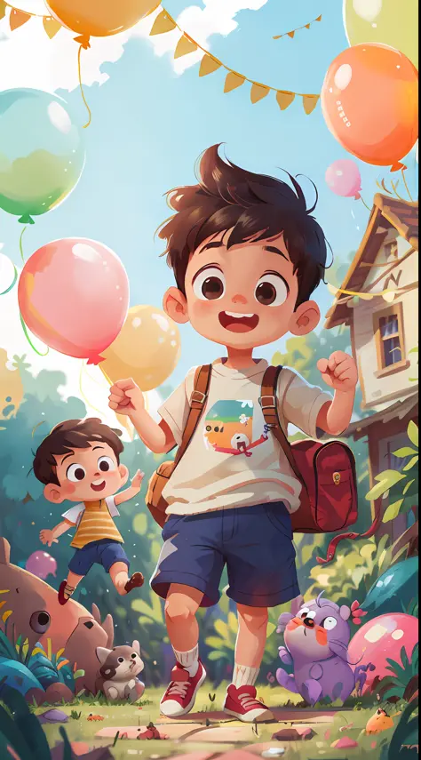 A boy, zoo, many balloons, happy, happy, perfect quality, clear focus (clutter - home: 0.8), (masterpiece: 1.2) (realistic: 1.2) (bokeh) (best quality) (detailed skin: 1.3) (complex details) (8K) (detail eyes) (sharp focus), (happy) full body, two children...