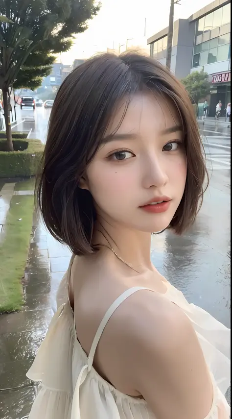 ((Best Quality, 8K, Masterpiece:1.3)), Focus:1.2, Perfect Body Beauty:1.4, Buttocks:1.2, (Layered Haircut:1.2)), (Rain, Street:1.3), Bandeau Dress:1.1, Highly Detailed Face and Skin Texture, Delicate Eyes, Double Eyelids, Whitened Skin, Long Hair, (Round F...