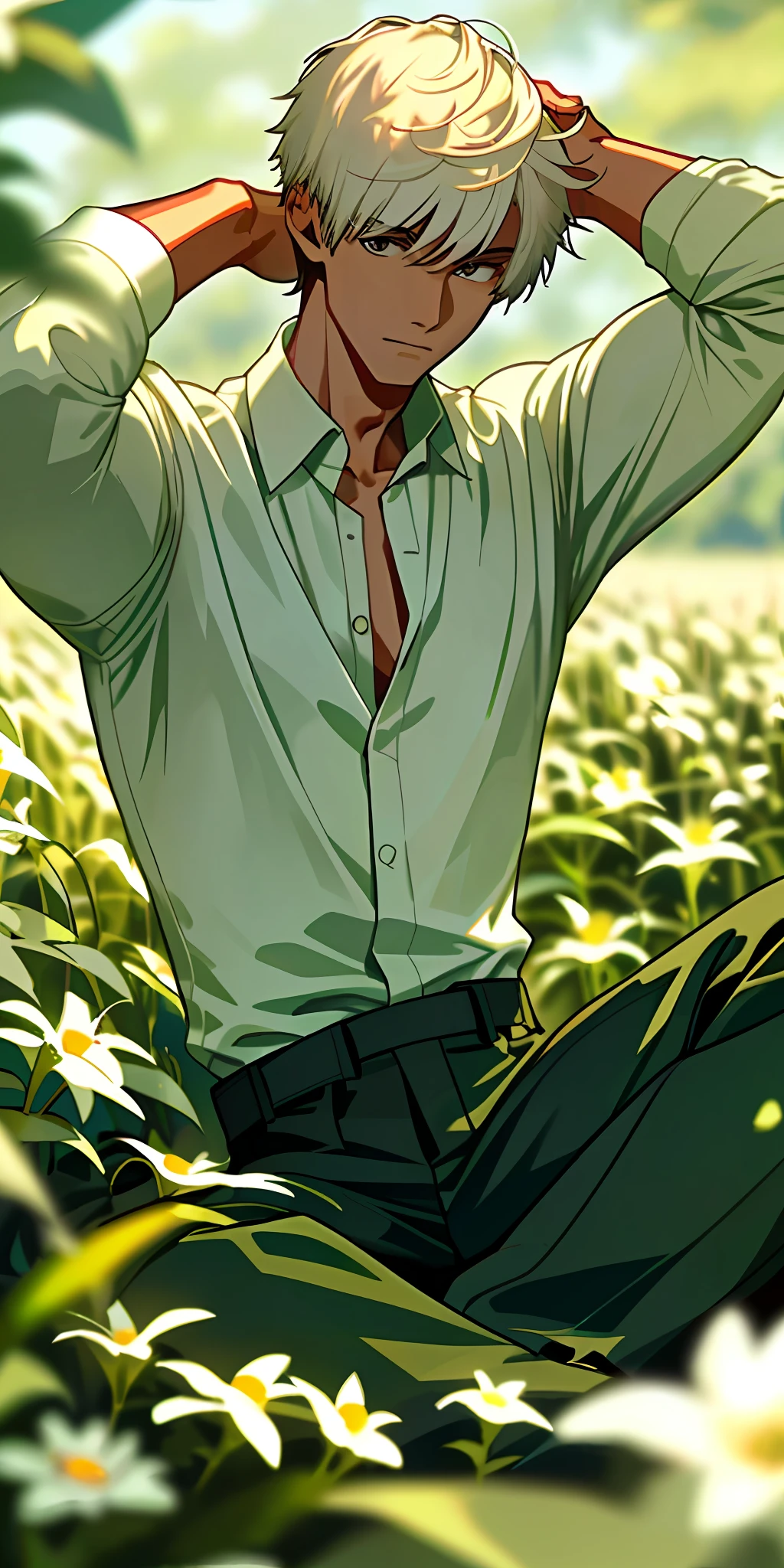 Anime guy sitting in a field of flowers with his hands on his head - SeaArt  AI