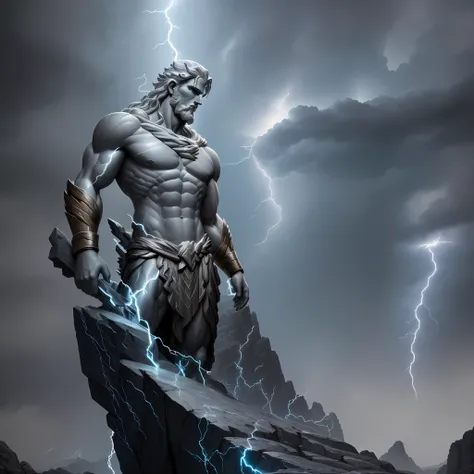 A Statue Of Zeus, Dynamic Pose, Standing On A Rock:0.3, (with Lightning 