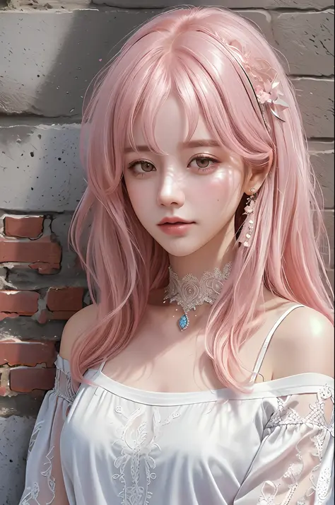 ultra realistic 8k cg, masterpiece, ((ultra detailed background, delicate pattern, intricate detail)), best quality, intricate details, chromatic aberration, 1girl, long hair, pink hair, messy hair, hair over one eye, sharp eyes, choker, brick wall, graffi...