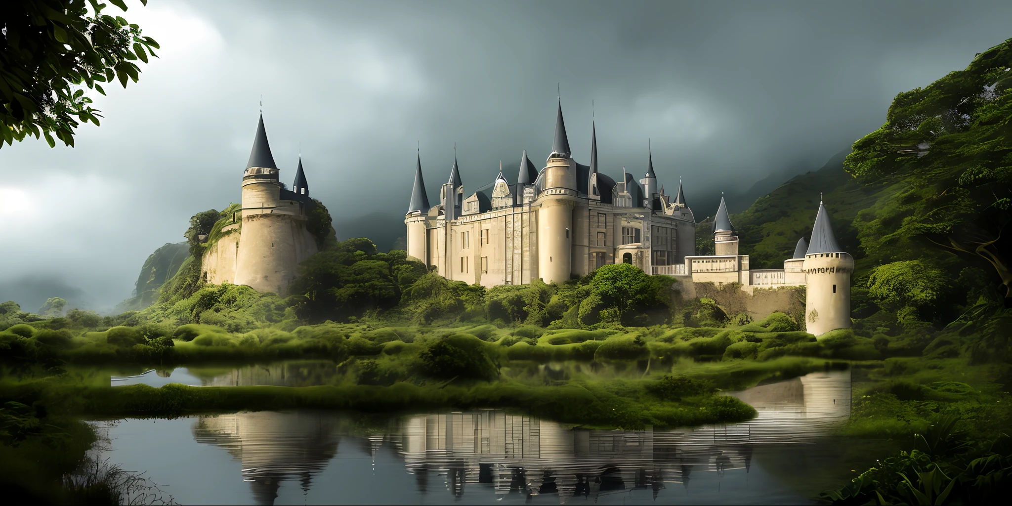 Analog style European castle in a deep Fijian jungle, rain, (grain), focus, reflection, 7mm, zoomed, dirt path, dark clouds, evening, fog