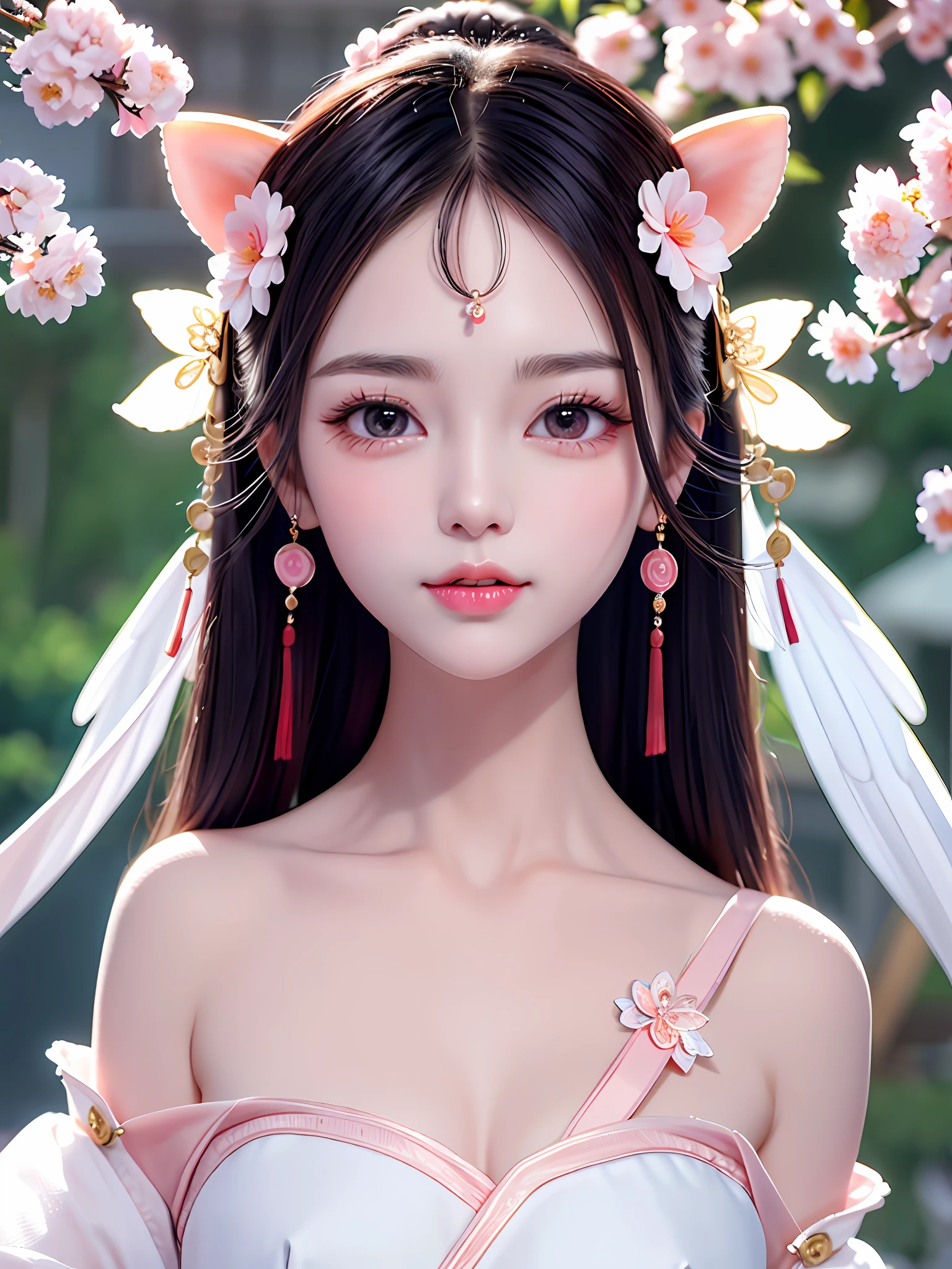 A gentle and lovely Chinese beautiful woman, delicate and sexy collarbone, charming goose egg face, double eyelids, smart peach blossom eyes, pink lips, small upturned nose, bare shoulders, focused face, face close-up, ultra HD, super detail, full body photo, ultra-thin light transmission optimal ratio four fingers and one thumb, animal ears