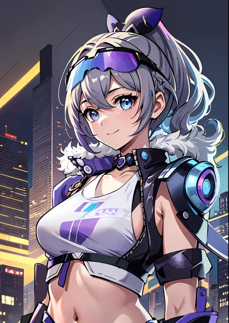 ((masterpiece)), super high quality, curly high ponytail girl, gray hair, cyberpunk, blue-purple gradient ski goggles, functiona...