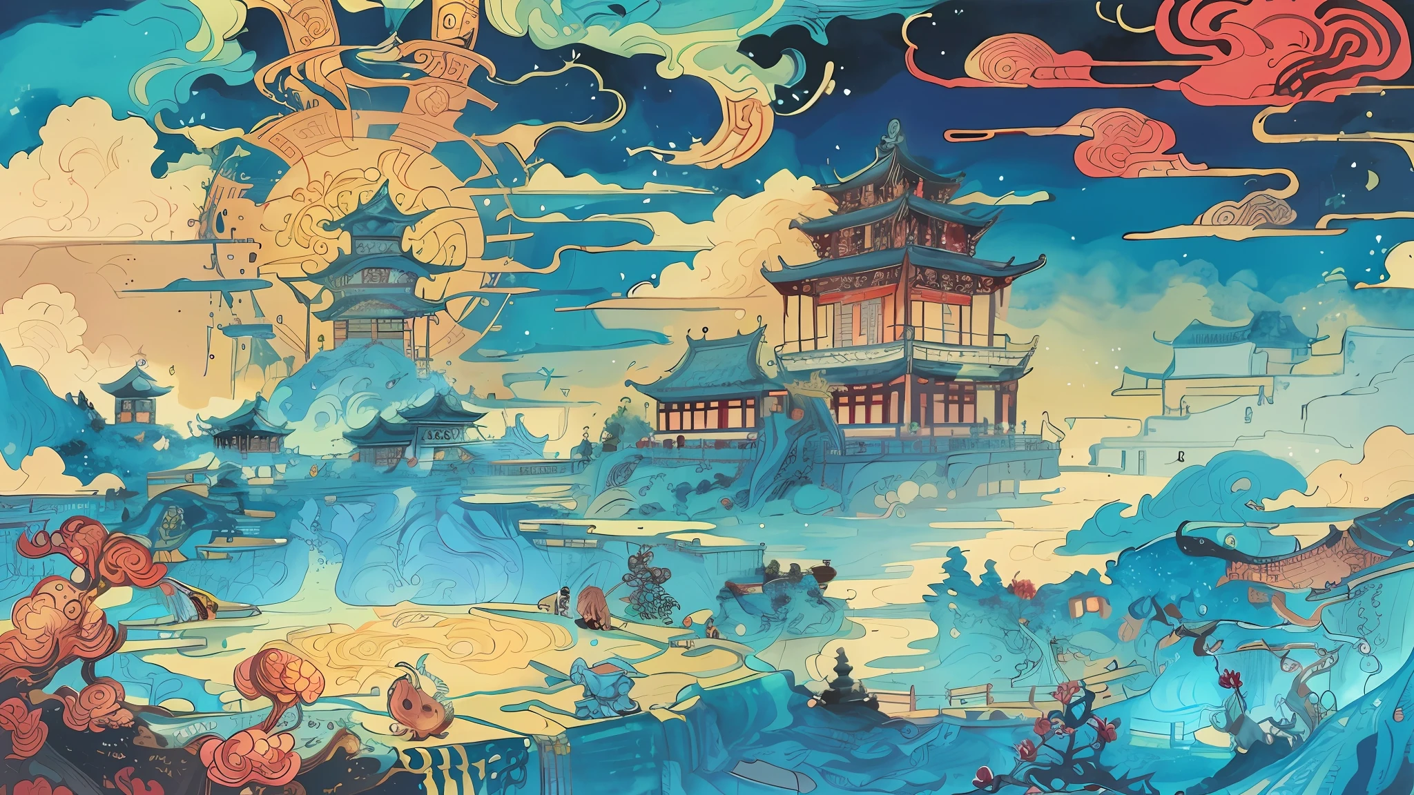 illustration of a painting of a chinese temple in the middle of a lake, cyberpunk chinese ancient castle, inspired by Victo Ngai, dreamland of chinese, victo ngai! cmyk palette, dreamy chinese town, victo ngai. unreal engine, jen bartel, victo ngai style, james jean and victo ngai, chinese fantasy