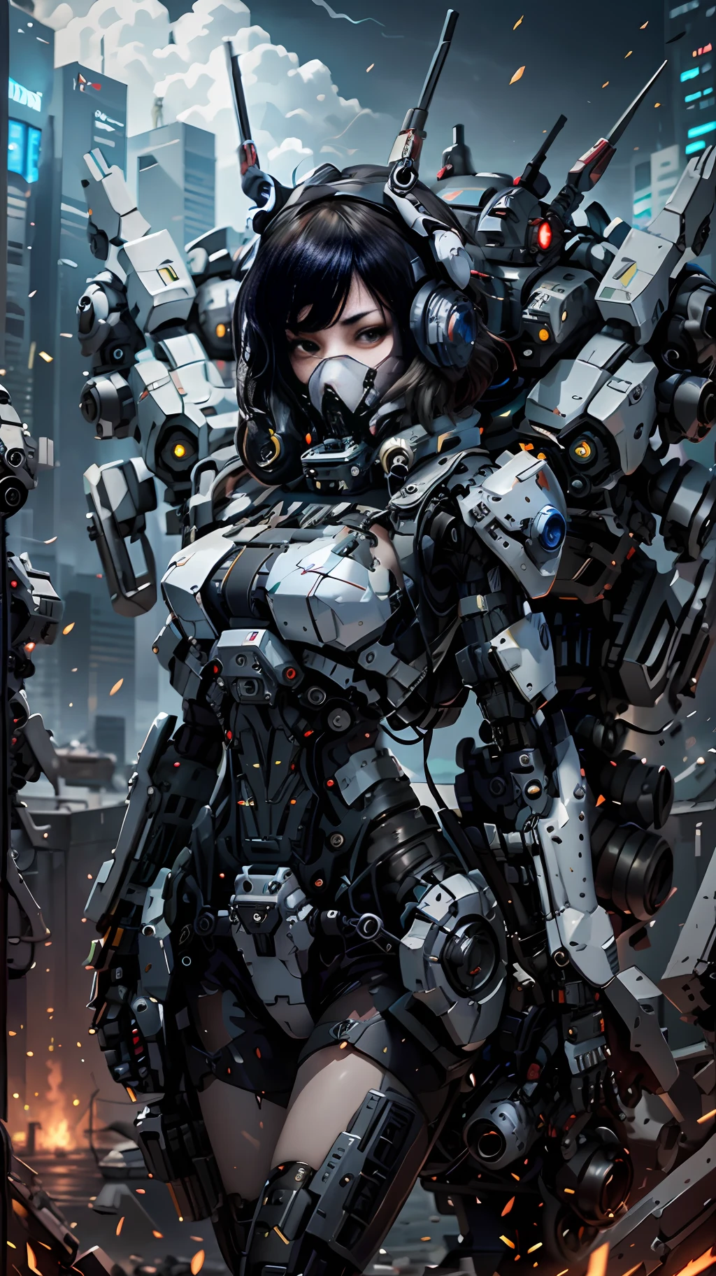 Dies ist ein CG Unity 8k Wallpaper mit ultra-detaillierten, hochauflösend und in Top-Qualität im Cyberpunk-Stil, dominiert von Schwarz und Rot. In dem Bild, ein schönes Mädchen mit weißen, unordentlichen kurzen Haaren, ein zartes Gesicht, trägt eine Dampf-Mecha-Maske, auf den Ruinen stehen, hinter ihr ist ein riesiger Roboter, und die Aktion einer Frau, die ein schweres Scharfschützengewehr in der Hand hält,