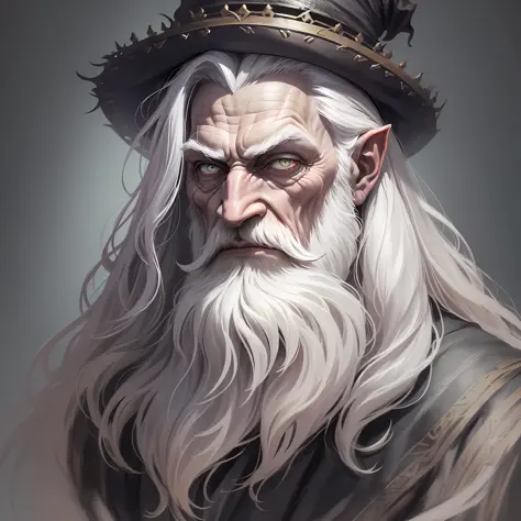 (Detailed drawing of an evil old Irish wizard in a long beard, portrait: 1), detailed, historical illustration, Gothic, magic, surreal, 8k, European, (creepy), white hair, old face, terrible, haunted demon Merlin --v 6