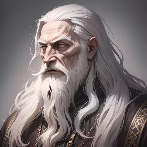 (Detailed drawing of an evil old Irish wizard in a long beard, portrait: 1), detailed, historical illustration, Gothic, magic, surreal, 8k, European, (creepy), white hair, old face, terrible, haunted demon Merlin --v 6