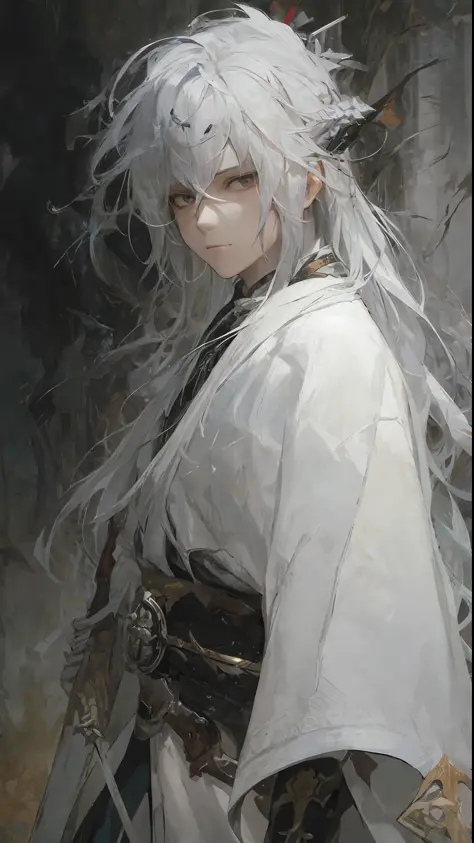 a close up of a person with white hair and a sword, white haired deity, with white long hair, with long white hair, artwork in the style of guweiz, white haired, guweiz, handsome guy in demon slayer art, beautiful character painting, by Yang J, white-haire...