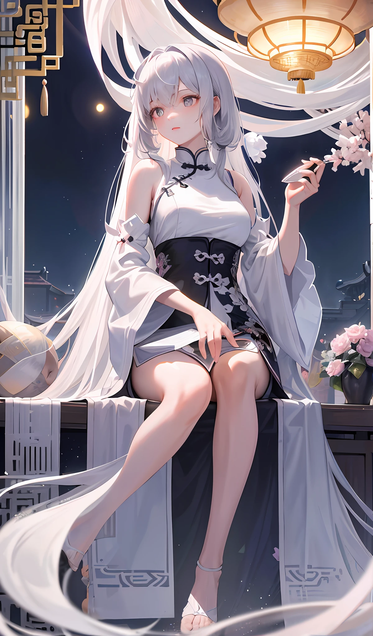 8K Masterpiece Superb Night Full Moon 1 Female Chinese Style Chinese Architecture Mature Woman Sister Silver White Long Hair Woman Ermarukotou Long Hair Clip Light Pink Lips Calm Rational Bangs, Gray Pupils, Floral Background, Petal Dancing, Delicate Face, Delicate Hands, Playing Chess, Playing Chess,