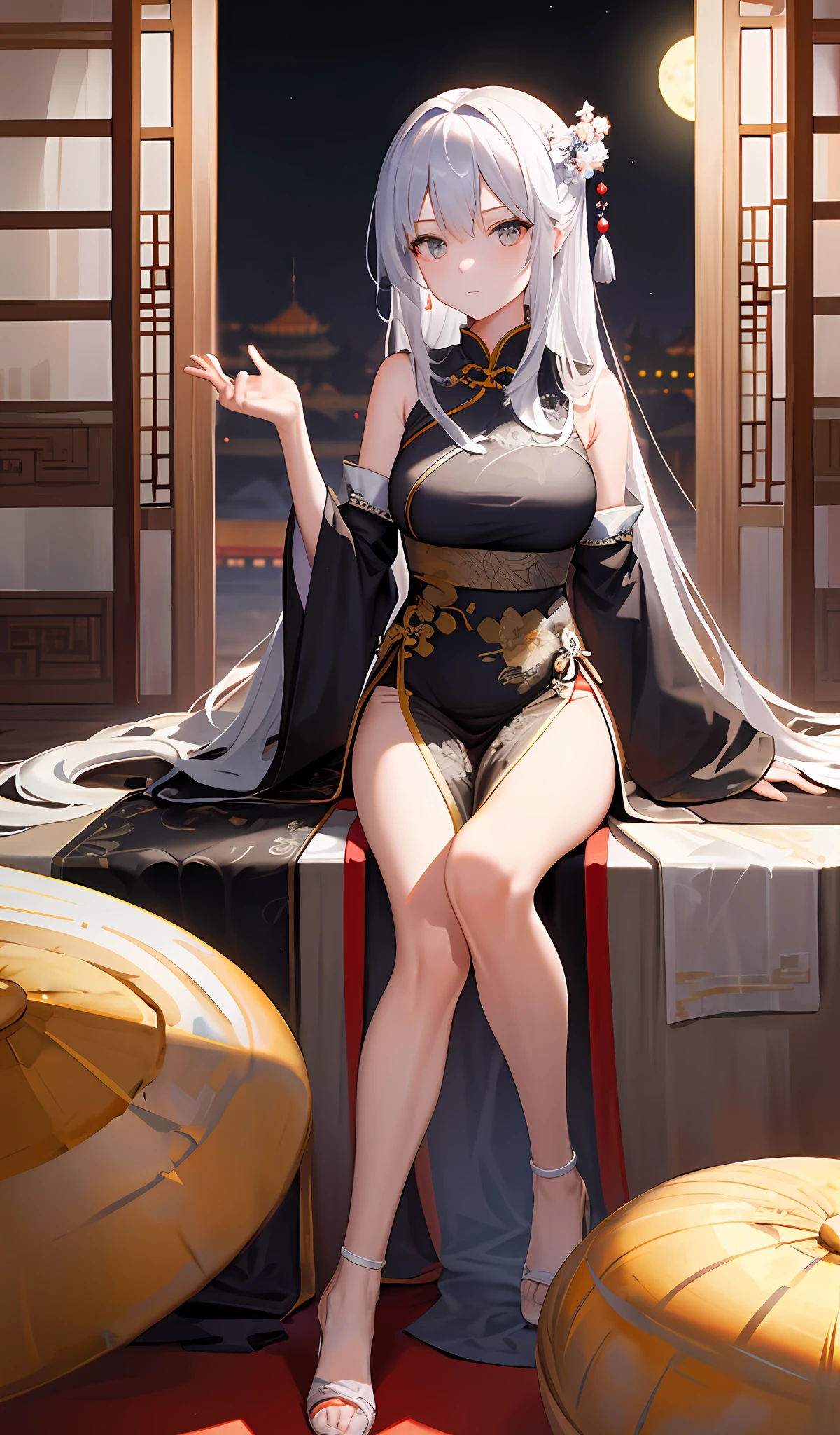 Masterpiece, Superb Product, Night, Full Moon, 1 Woman, Mature Woman, Chinese Style, Ancient China, Sister, Royal Sister, Cold Face, Expressionless, Silver-white Long-haired Woman