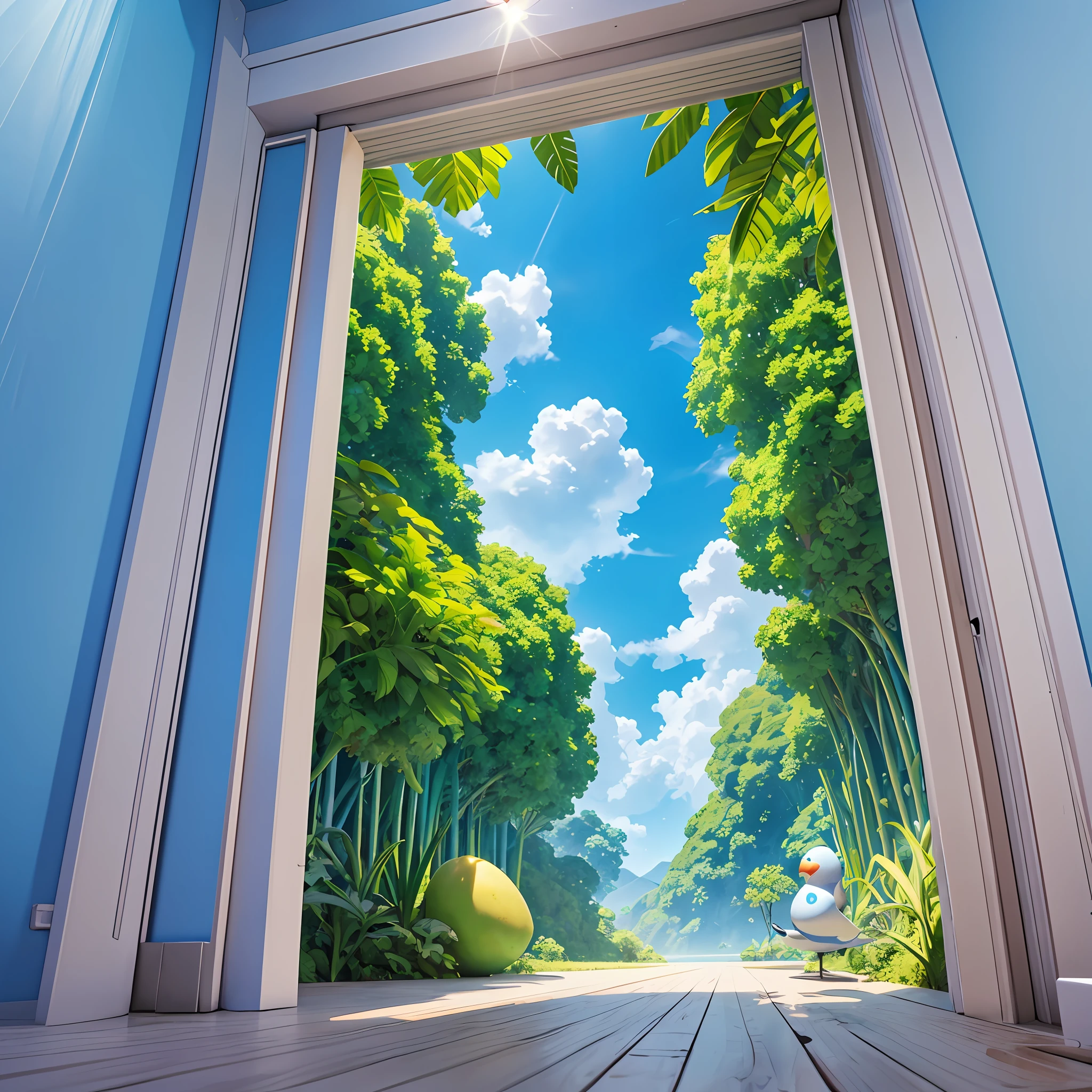 poster, 3D, realista, o fundo é céu azul e floresta de nuvens brancas, manga enorme no centro da foto, luz e sombra no nível do filme, Pixar, Desenho animado fofo, Super detalhes, a sensação de espaço dianteiro e traseiro é óbvia, a imagem deve ter impacto