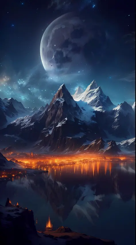 mountains and a lake with a moon in the sky, 4k highly detailed digital art, 4 k hd wallpaper very detailed, impressive fantasy landscape, sci-fi fantasy desktop wallpaper, unreal engine 4k wallpaper, 4k detailed digital art, sci-fi fantasy wallpaper, epic dreamlike fantasy landscape, 4k hd matte digital painting, 8k stunning artwork