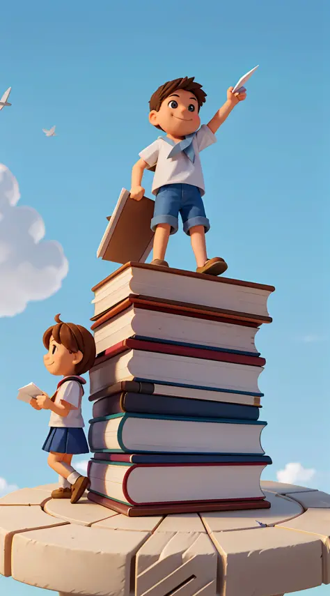 Student, huge book, one sitting on a book and one standing on a book, smile, paper airplane, simple sky cloud background, illustration