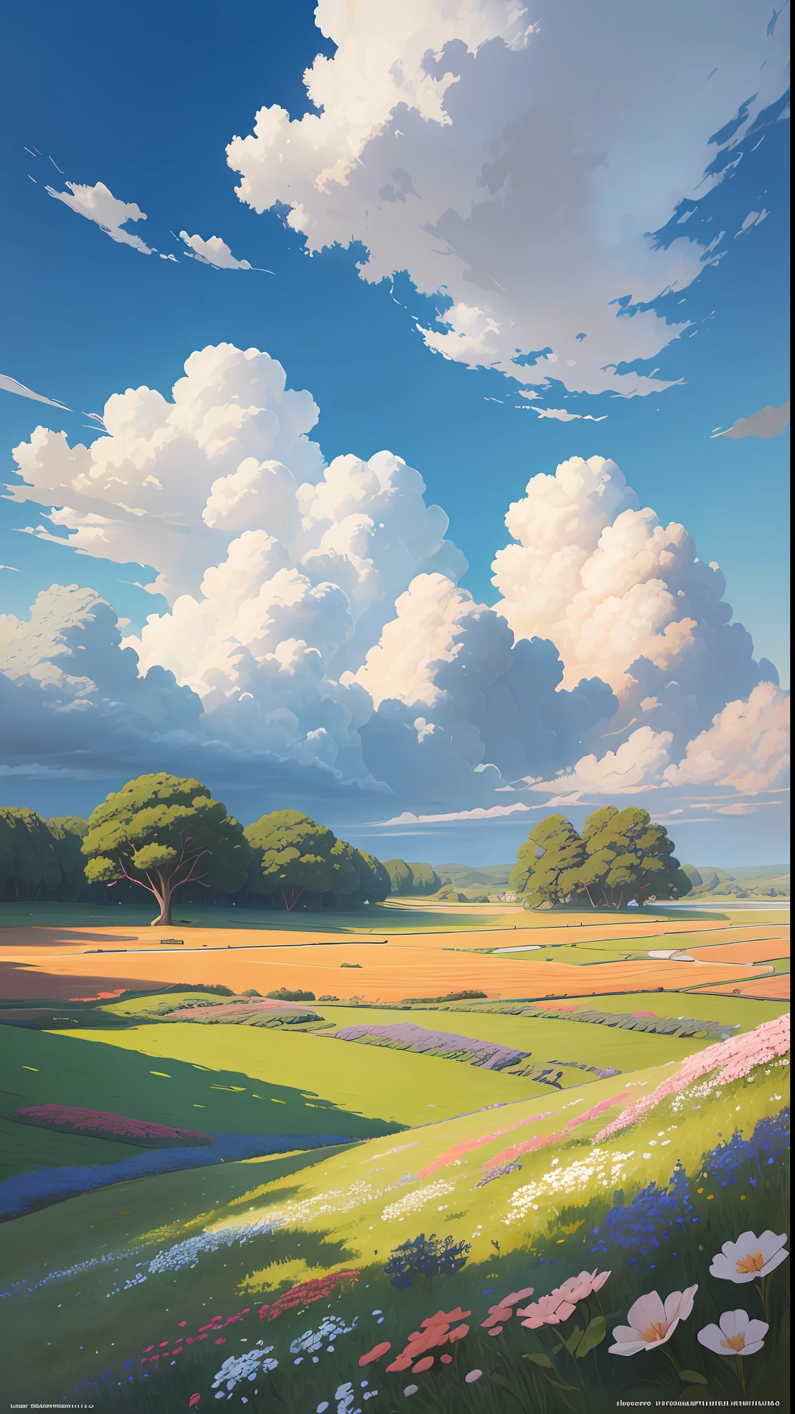 Anime landscape with flowers and trees in the foreground - SeaArt AI