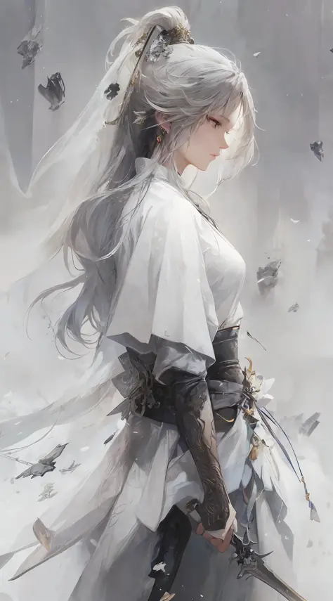 a close up of a woman with a sword in a white dress, a character portrait by Yang J, trending on cgsociety, fantasy art, beautiful character painting, artwork in the style of guweiz, guweiz, white hanfu, flowing white robes, full body wuxia, epic exquisite character art, stunning character art, beautiful female assassin