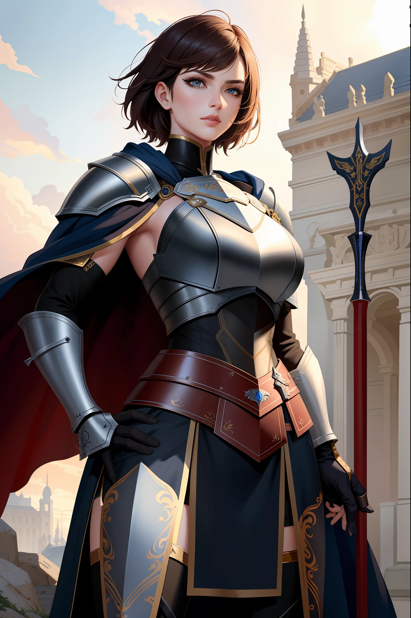 (masterpiece:1.2), (best quality:1.2), perfect eyes, perfect face, volumetric lighting, 1girl, tall mature female warrior, muscular, short hair, heavy armor, huge pauldrons, gauntlets, cloak, belt, spear, skirt, stern expression, makeup, lipstick, eyeshadow, mascara, thick eyelashes, dark fantasy, outdoor, detailed background, hand on hip