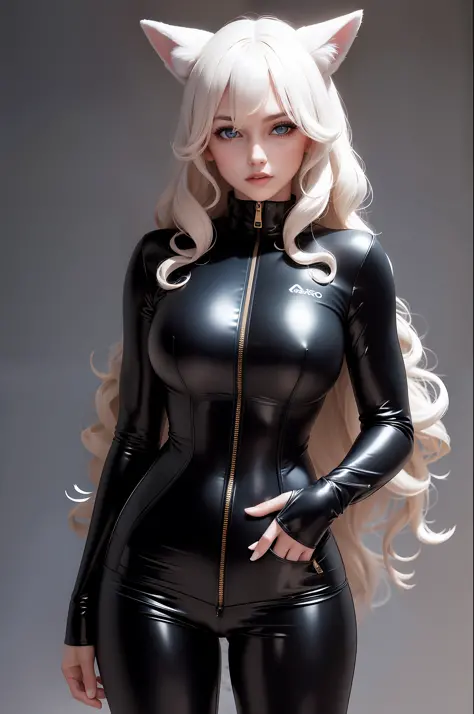 Woman with ,golden curly hair,Blue eyes,white fox ears,,in a black latex tracksuit