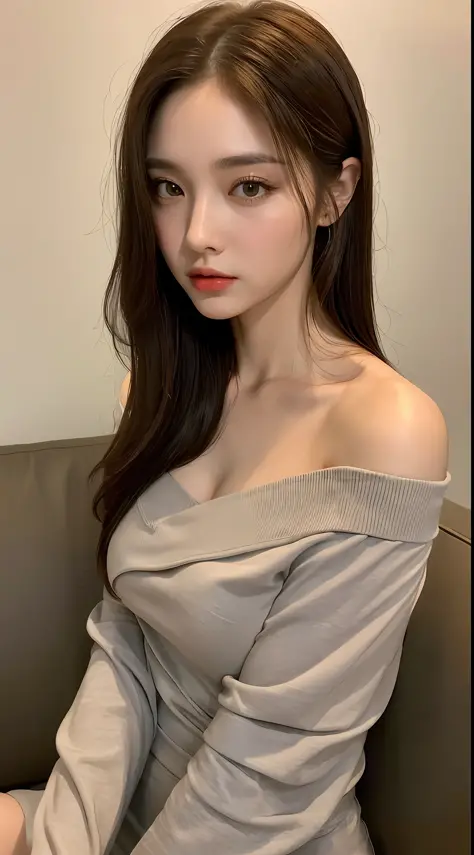 ((Night view, realistic light, best quality, 8k, masterpiece: 1.3)), 1girl, pretty woman with slim figure: 1.4, (brown hair, medium breasts: 1.3), off-the-shoulder cut top: 1.3, sofa, super detailed face, detailed eyes, double eyelids